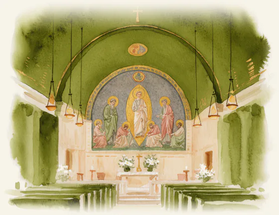 Ilustração em aquarela do interior da Paróquia Universitária São João Evangelista, vista do corredor central para o altar, com o mosaico da Transfiguração ao fundo.